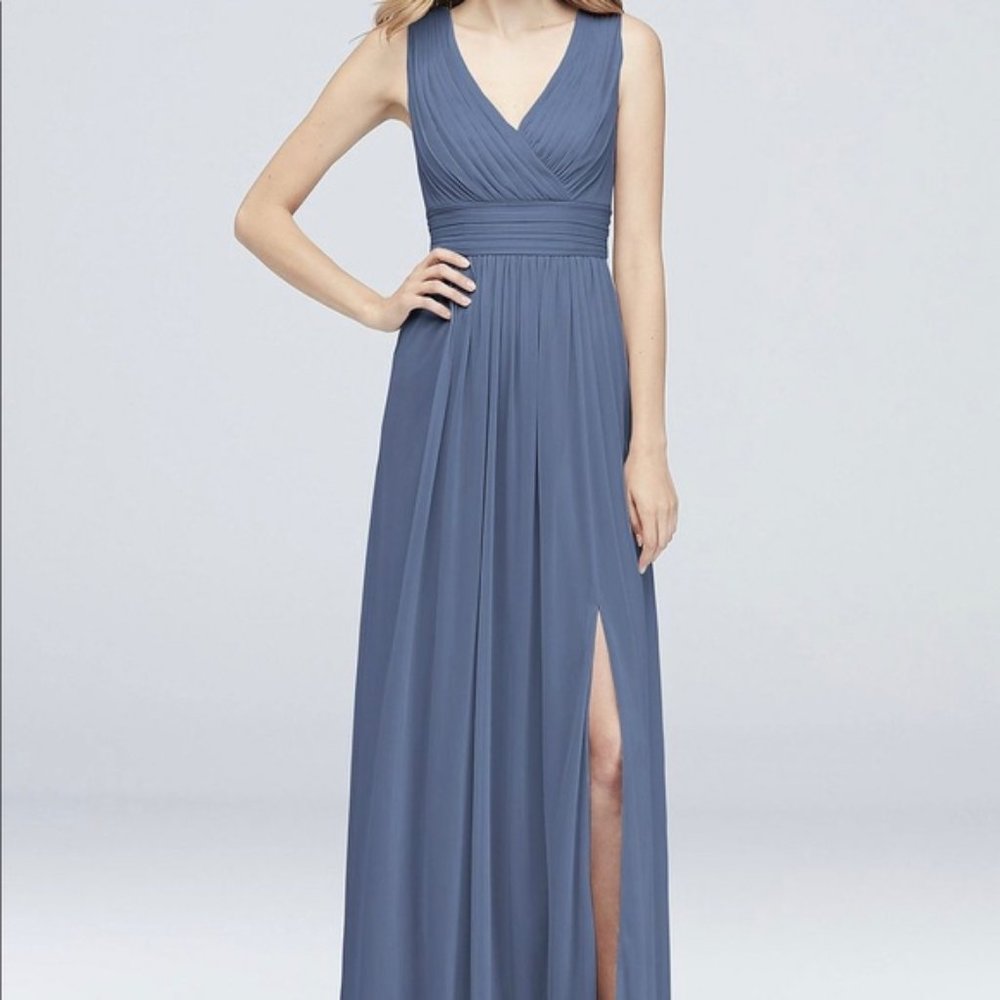 David’s Bridal Long Mesh Pleated Bridesmaid Dress steel blue